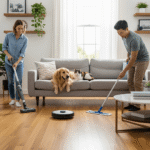 A happy family with a golden retriever dog and a calico cat relaxing on a sofa in a bright, clean living room while a couple vacuums and mops the hardwood floor.