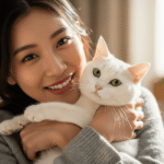 An Asian woman gently embracing her cat in a cozy indoor setting, with a joyful expression on her face.