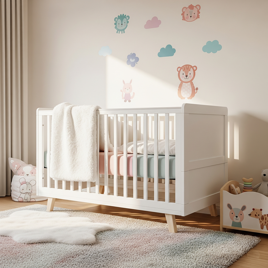 A cozy nursery in the evening, softly lit by a warm lamp next to an upholstered rocking chair. The gentle, amber light creates a peaceful mood, casting a glow on the wooden crib and a soft rug