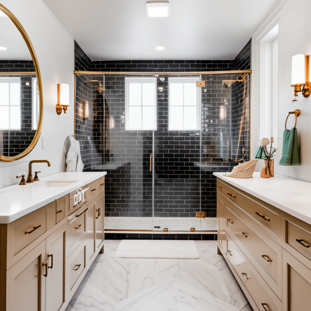 A glamorous and luxurious spa bathroom featuring a marble countertop, elegant gold fixtures, and a freestanding tub, embodying sophisticated design ideas.