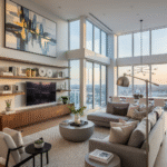 A spacious, modern open-concept living room with a large gray sectional sofa and floor-to-ceiling windows overlooking a city skyline. A large abstract artwork hangs on the wall above a built-in media center.