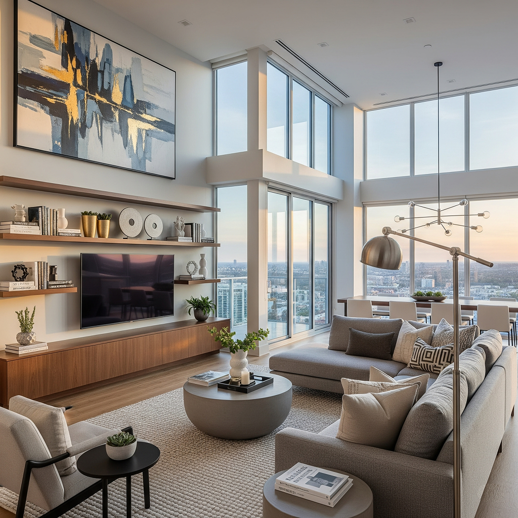A spacious, modern open-concept living room with a large gray sectional sofa and floor-to-ceiling windows overlooking a city skyline. A large abstract artwork hangs on the wall above a built-in media center.