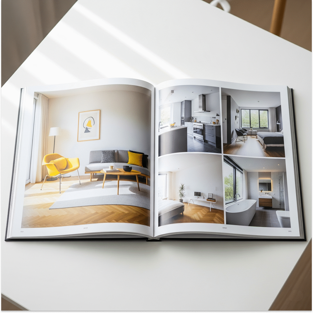 An open interior design book on a white table, displaying photos of modern homes. The left page shows a living room with a yellow chair and minimalist art, and the right page shows a kitchen and bathroom.