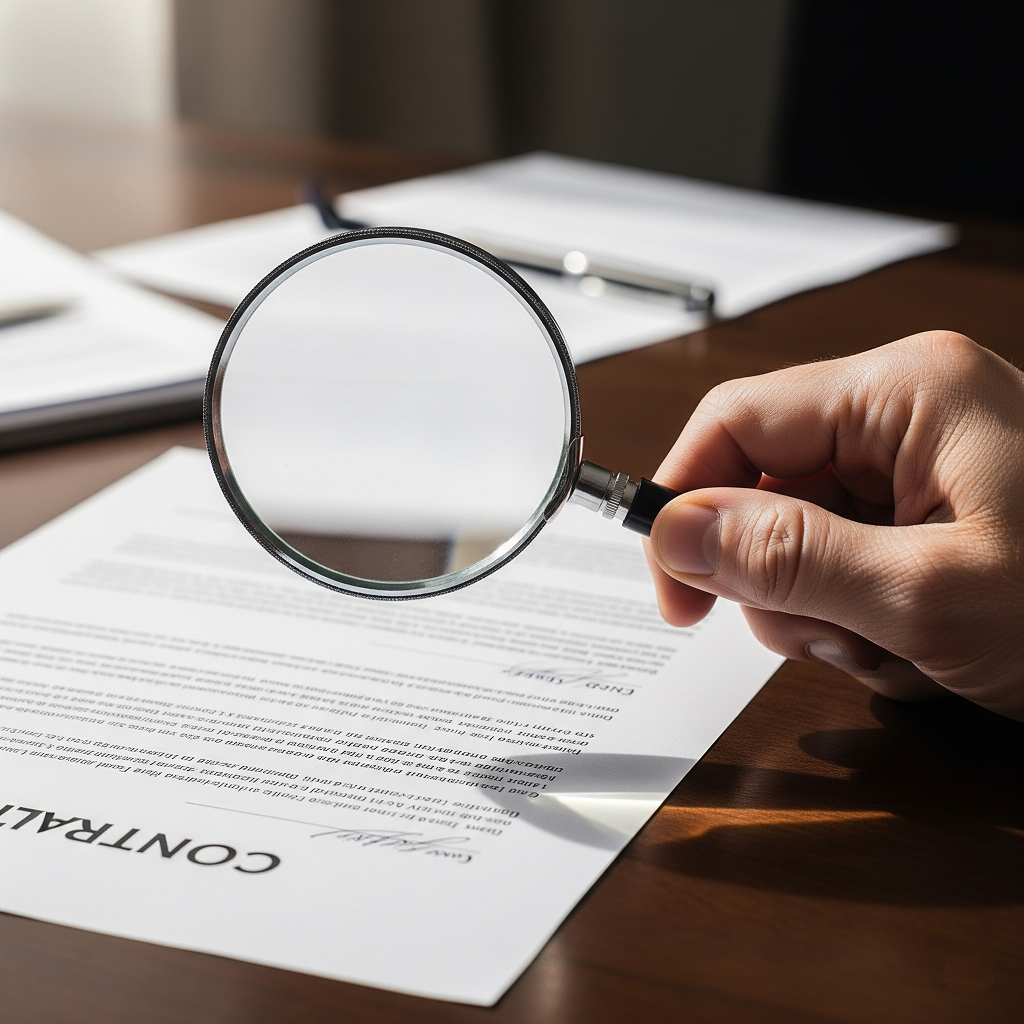 A close-up of a hand holding a magnifying glass to carefully examine a clause in a business contract, highlighting the importance of due diligence.