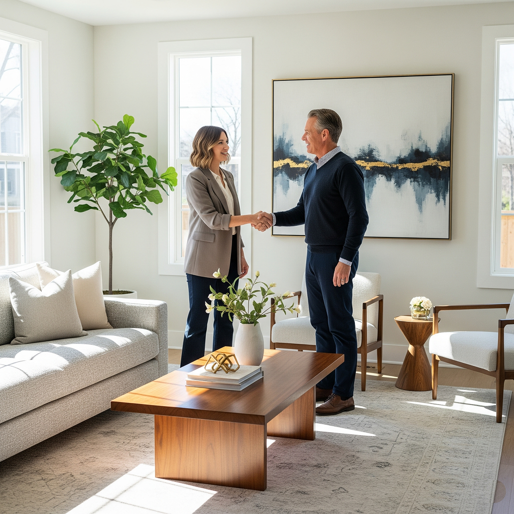 happy-client-interior-designer-handshake A smiling female interior designer and a satisfied male client shake hands in a beautifully finished, modern living room, celebrating the successful project completion.