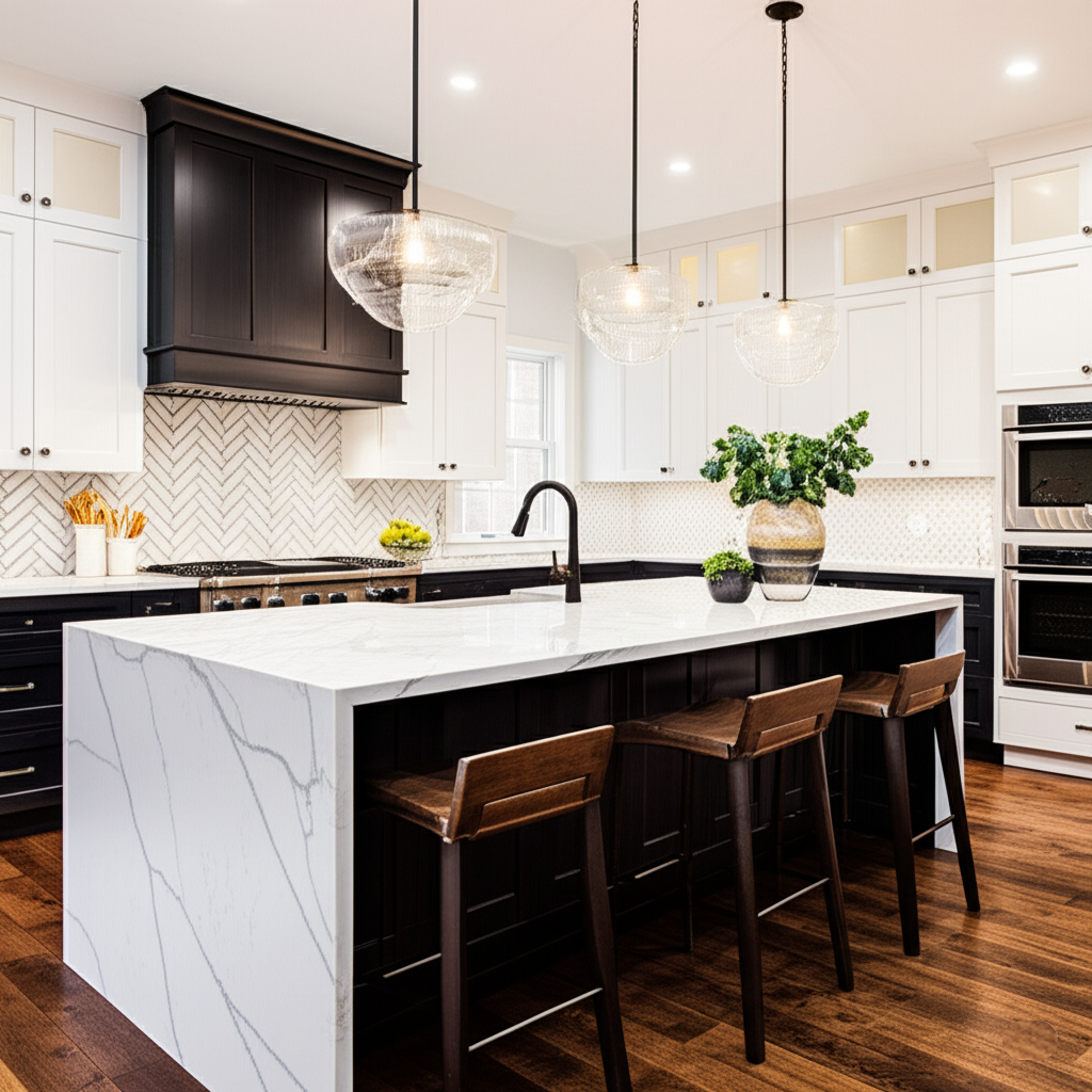 A trio of oversized glass pendant lights with brass fittings hanging over a large kitchen island, serving as a dramatic focal point in a modern, stylish kitchen.