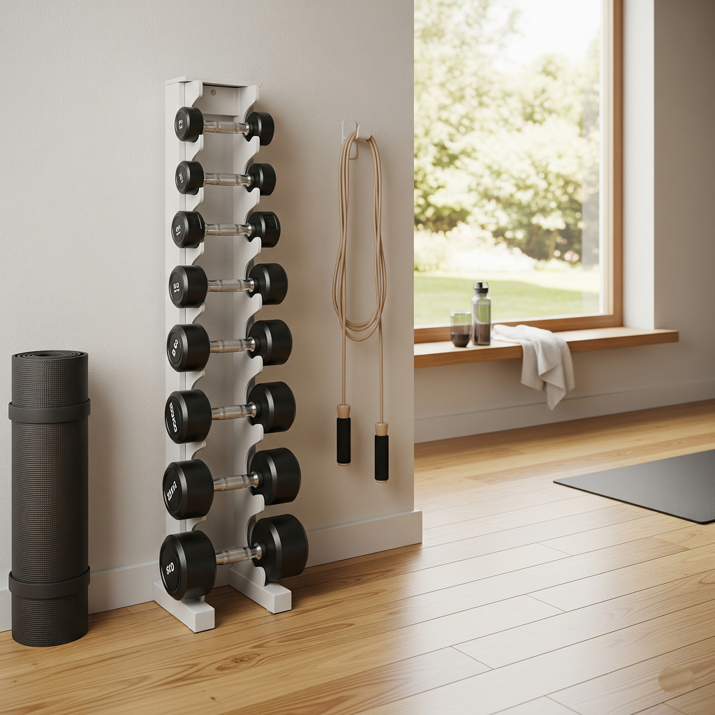 Organized and Intentional: Curating Your Essential Equipment An organized home gym showcasing a white vertical rack with black dumbbells and a jump rope neatly hung on the wall, demonstrating efficient minimalist storage solutions.
