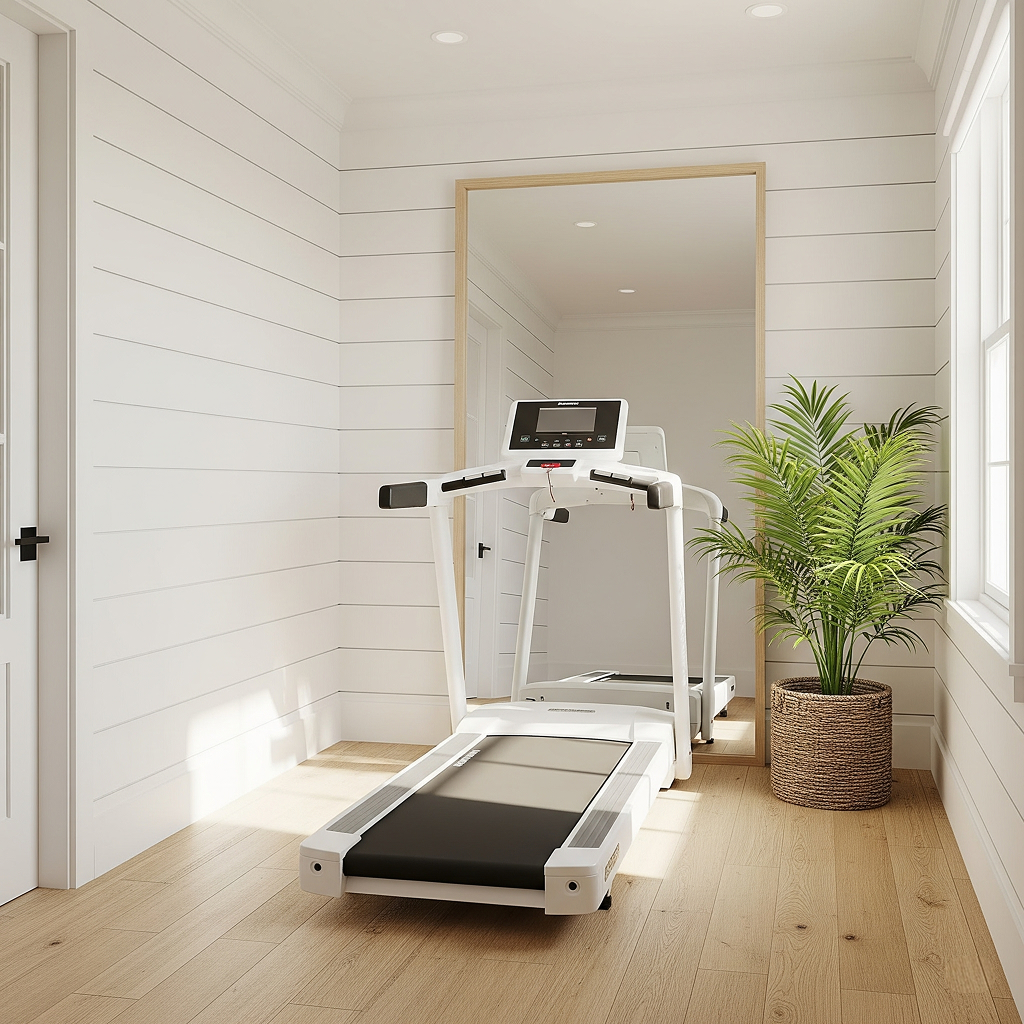 A bright and serene minimalist home gym featuring a white treadmill positioned in front of a large, leaning mirror that reflects the space. A potted palm adds a touch of nature to the light wood flooring and white shiplap walls. Natural light streams in from a window, creating a clean and inviting workout environment.