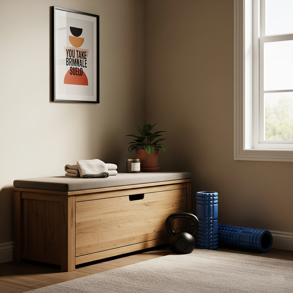 Smart Storage: The Art of Multi-Functional Fitness Furniture A cozy and functional workout nook showing a wooden storage bench with a drawer, used to organize a kettlebell and a foam roller in a multi-purpose room.