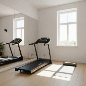 A bright, minimalist home gym featuring a sleek black treadmill facing a large wall mirror that reflects natural light from a window, creating a spacious and airy feel.