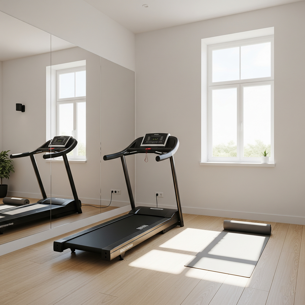 Light and Reflection: Maximizing Space and Motivation A bright, minimalist home gym featuring a sleek black treadmill facing a large wall mirror that reflects natural light from a window, creating a spacious and airy feel.