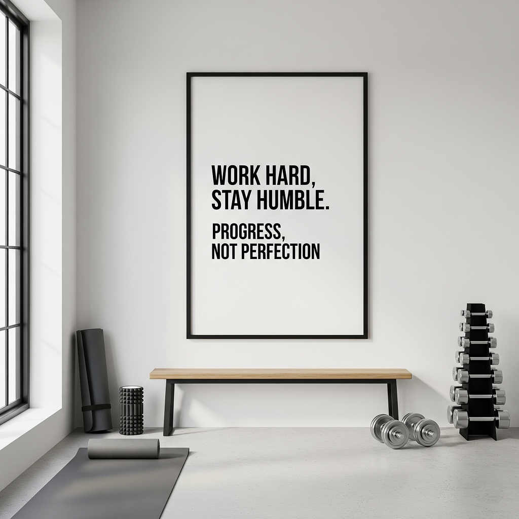Minimalist Motivation: Inspiring Your Best with Simple Decor A minimalist home gym wall with a large, black-framed art piece featuring the motivational quote "Work Hard, Stay Humble. Progress, Not Perfection" to inspire a focused workout.