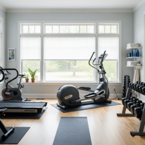 A functional home gym filled with natural light from large windows, featuring various cardio machines and a weight rack, creating an energizing workout environment.