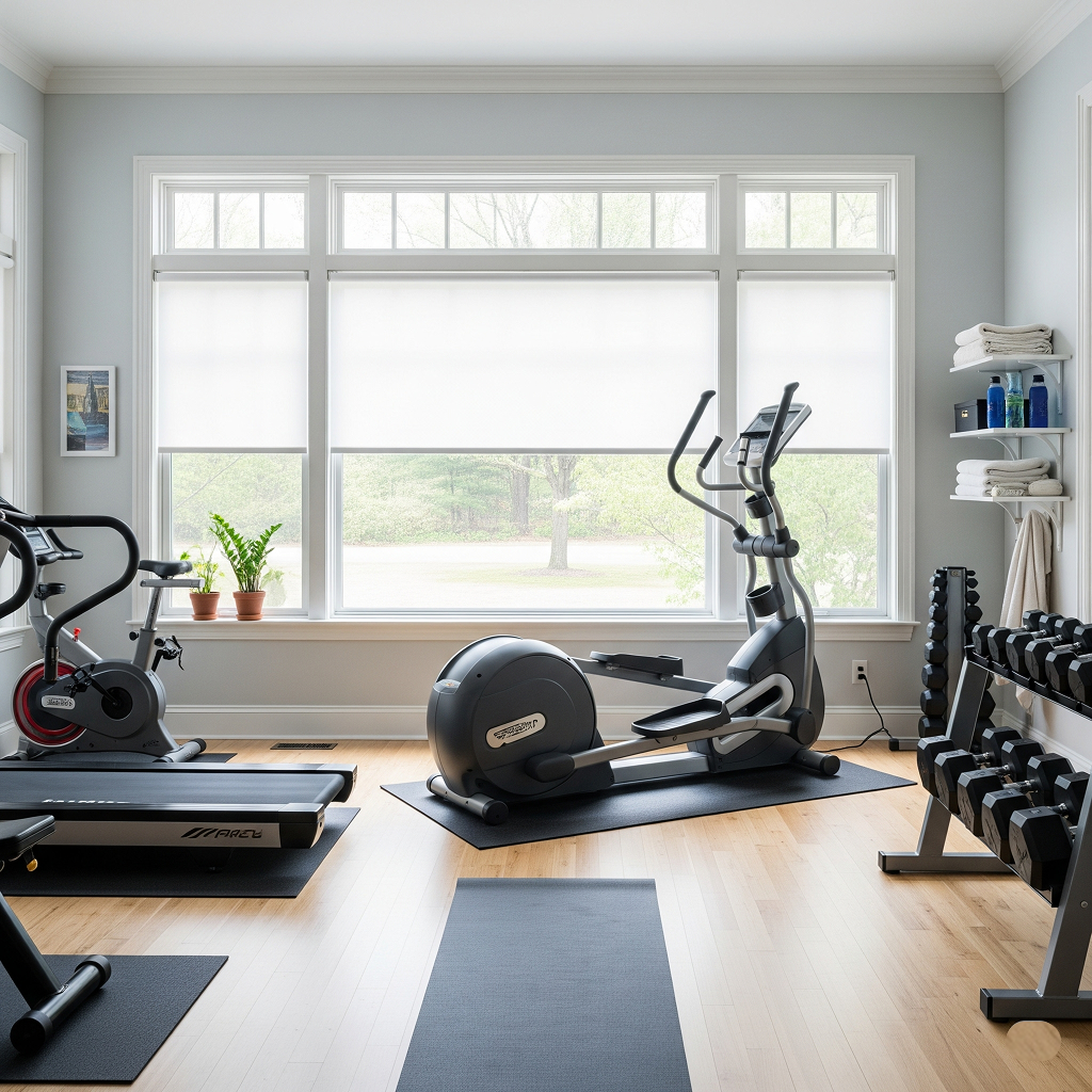The Power of Nature: Creating an Energizing Workout Environment A functional home gym filled with natural light from large windows, featuring various cardio machines and a weight rack, creating an energizing workout environment.