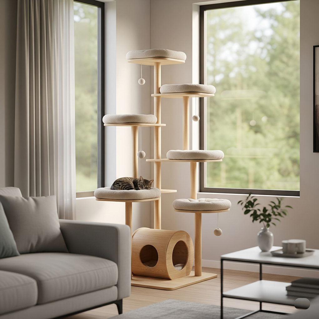 A tall, modern cat tree crafted from light, polished wood with plush beige cushions on each level. It stands gracefully near a large window, bathed in soft natural light, and blends seamlessly with a contemporary living room's neutral palette and clean lines.