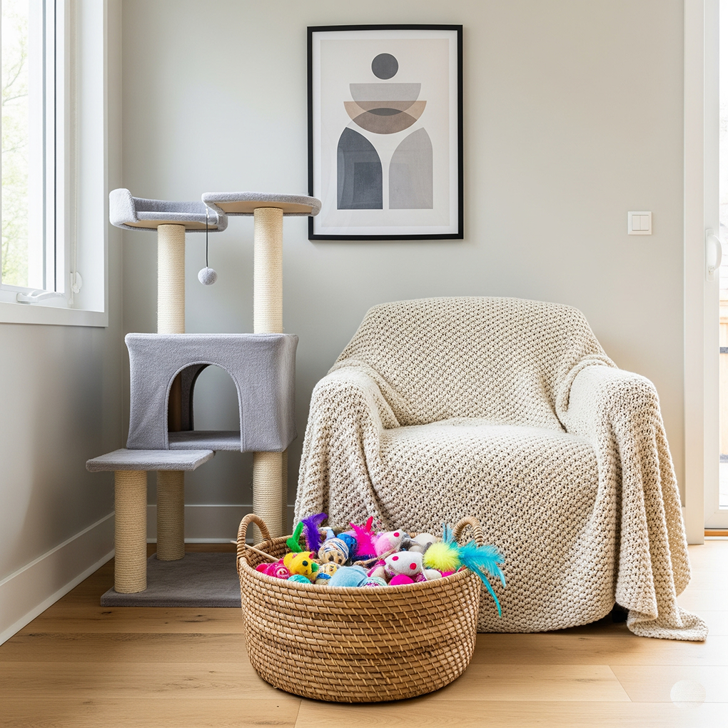 Cohesive Cat Corner with Integrated Cat Tower and Storage A well-designed cat corner featuring a stylish cat tower with a gray fabric finish, situated next to a cozy armchair with a knitted throw. A tasteful woven basket overflowing with cat toys sits on the floor, and a framed minimalist print hangs on the wall, creating a harmonious pet-friendly zone.