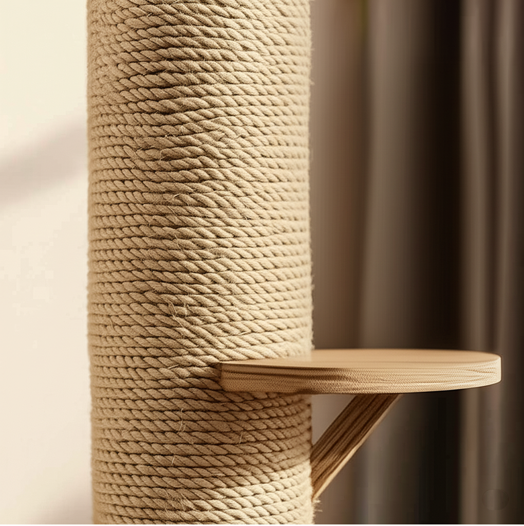 Close-up of Sisal Rope Wrapped Cat Scratching Post A detailed view of a cat scratching post tightly wrapped with natural sisal rope attached to a wooden platform.