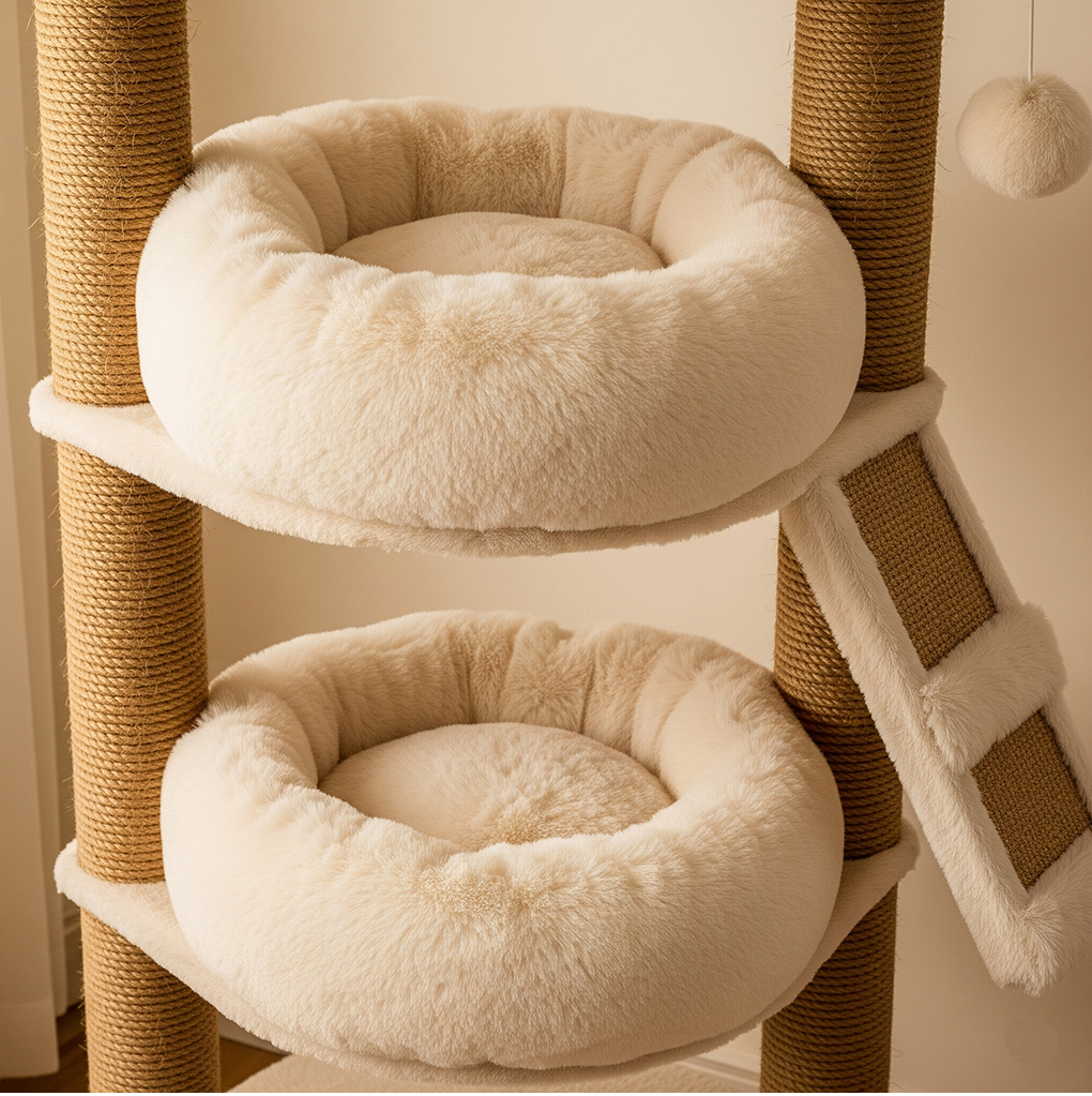 Luxury Cat Tower with Plush Faux Fur Beds A section of a multi-level cat tower, showcasing ultra-plush, cream-colored faux fur beds that are deeply cushioned and inviting. The supporting posts are wrapped in durable, tightly woven natural sisal rope, contrasting elegantly with the soft textures.