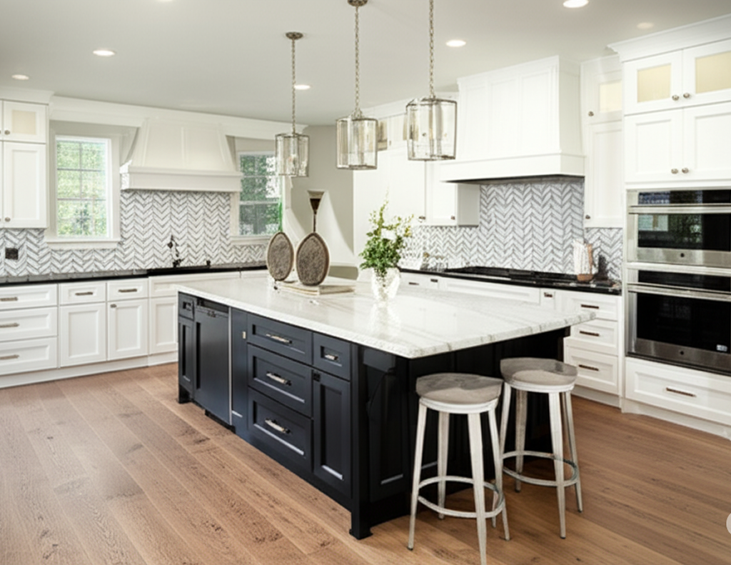 The Art of Layered Lighting A wide view of a luxurious kitchen showcasing a complete layered lighting scheme, with ambient recessed lights, statement pendants, and under-cabinet task lights all working in harmony.