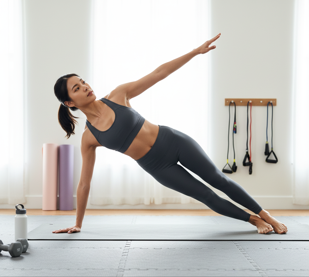 Foam Flooring for Yoga and Pilates A woman in athletic wear performing a side plank on grey interlocking foam floor mats in a home gym.