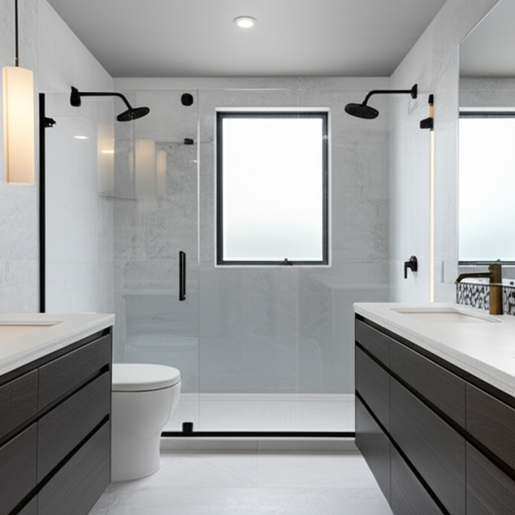 A modern minimalist bathroom design in home, featuring a sleek floating vanity, a large backlit mirror, and a frameless glass walk-in shower with matte black fixtures.