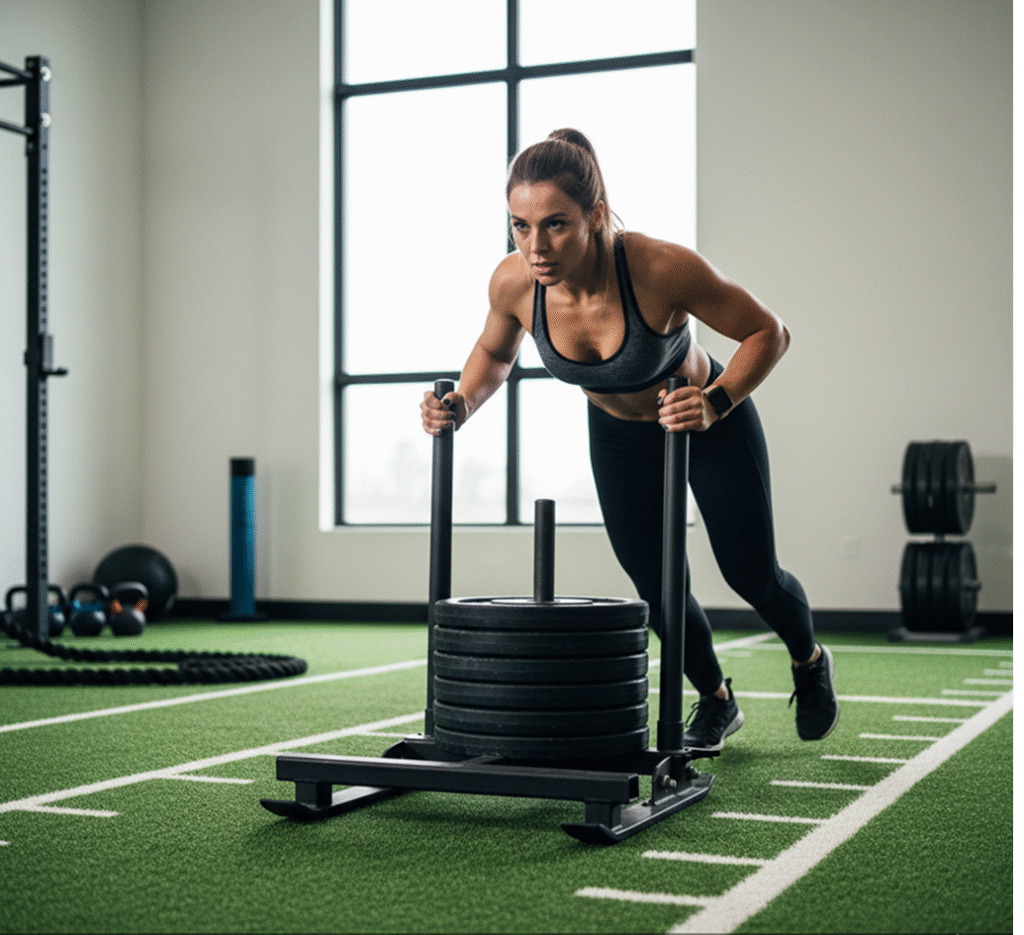 Artificial Turf for Sled Pushes A strong woman in workout gear intensely pushing a weighted sled across green artificial turf in a modern gym space.