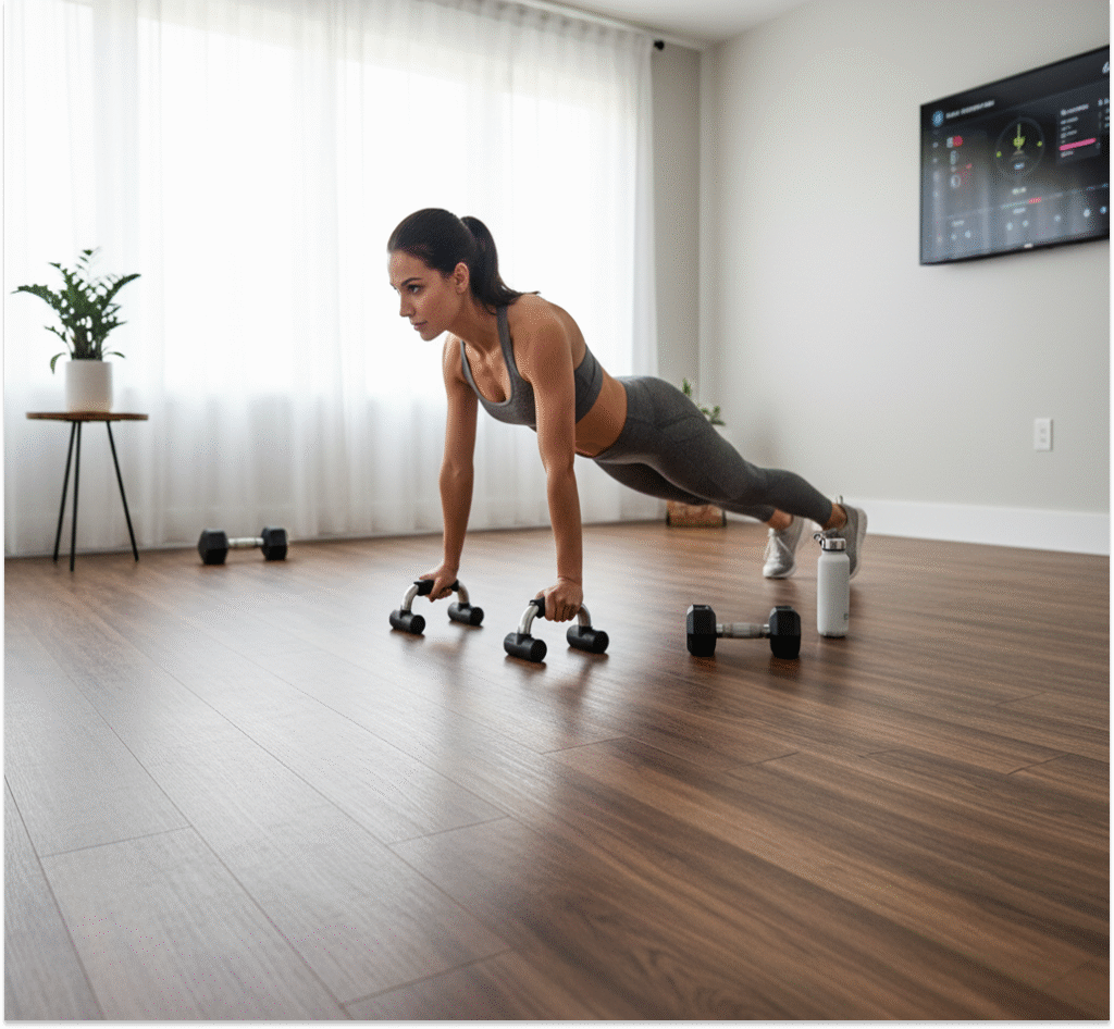 Stylish Vinyl Plank Home Gym A woman in a grey sports bra and leggings doing push-ups with dumbbells on warm-toned luxury vinyl plank flooring in a modern home gym.