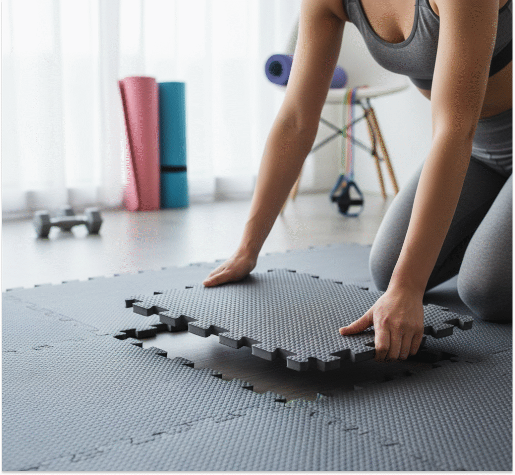Close-up of hands interlocking grey foam floor tiles, showing the simple assembly process for home gym flooring.
