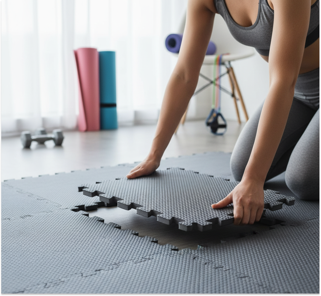 Close-up of hands interlocking grey foam floor tiles, showing the simple assembly process for home gym flooring.