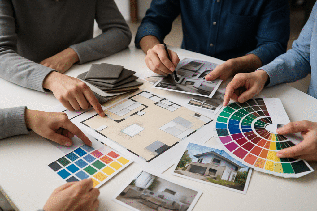 Interior-Design-Consultation-with-Blueprints-and-Fabric-Samples Close-up of an interior designer and client meeting, with hands pointing to architectural plans, fabric samples, and color palettes on a table during a design consultation.
