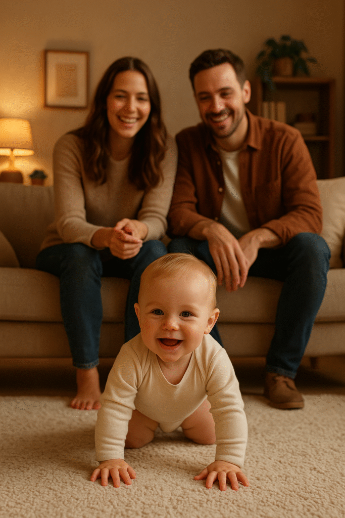 Happy family in the living room, parents warmly watching their baby crawling