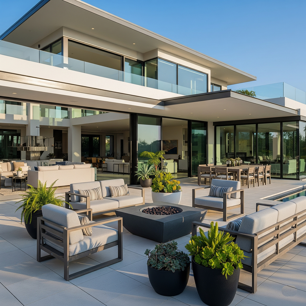 Contemporary home with outdoor living area The exterior of a large contemporary home with a spacious patio and outdoor living area. A neutral color palette on the furniture and home complements the large glass walls and central fire pit.