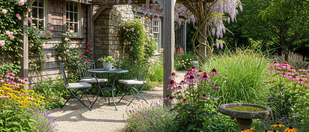 A rustic home with wood siding and a stone chimney, featuring a garden with a wooden pergola and a gravel path. The natural color scheme is enhanced by native plants like coneflowers.