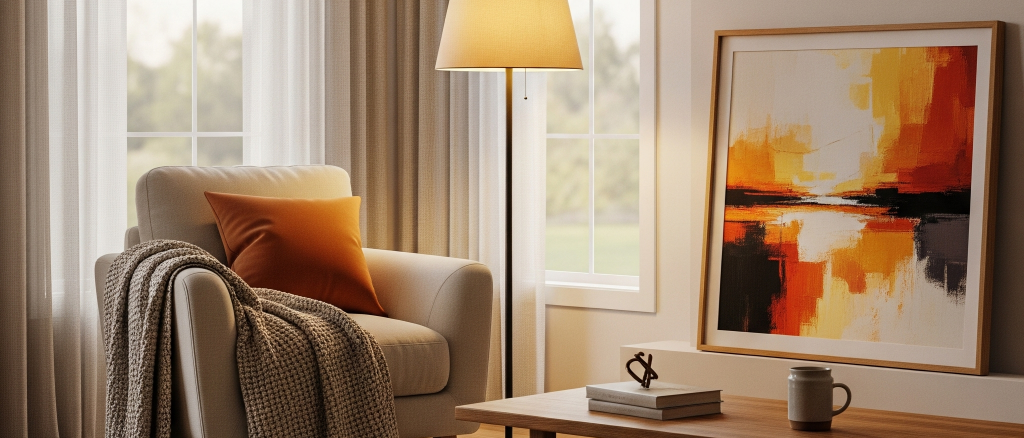 A warm and inviting living room corner featuring a comfortable beige armchair draped with a soft, grey throw blanket and an orange cushion. A single floor lamp with a classic shade casts a warm light over the scene. In front of the chair sits a wooden coffee table with a stack of books and a mug. A large, framed abstract painting in warm tones of orange, yellow, and black leans against the wall. The room is softly lit by two large windows with sheer curtains in the background.