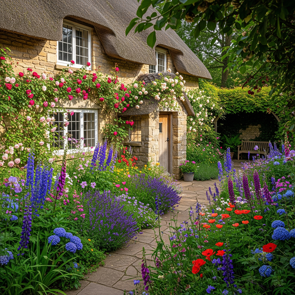 Cozy cottage with English garden A charming stone cottage with a thatched roof, enveloped by a lush English-style garden. The colorful exterior is decorated with climbing roses and overflowing flowerbeds.