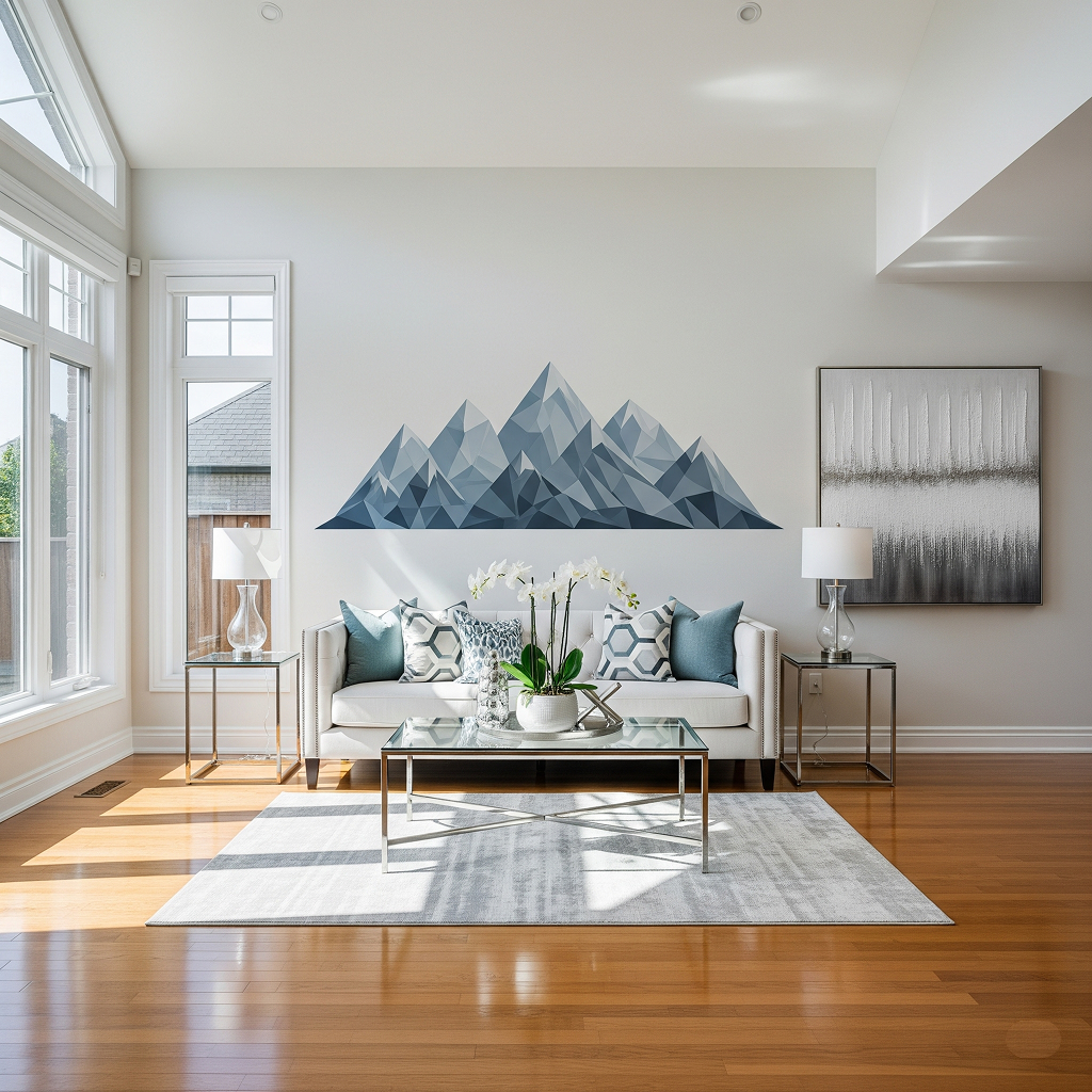 A bright, modern living room showcasing a large, geometric mountain range removable wall decal in shades of blue and grey above a white sofa.