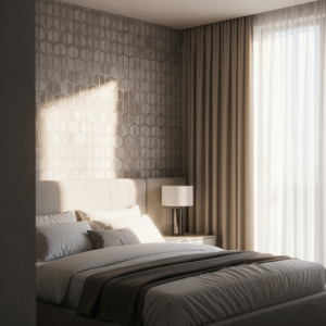 A modern bedroom with a sophisticated geometric temporary wallpaper accent wall behind the headboard, illuminated by soft, natural sunlight.