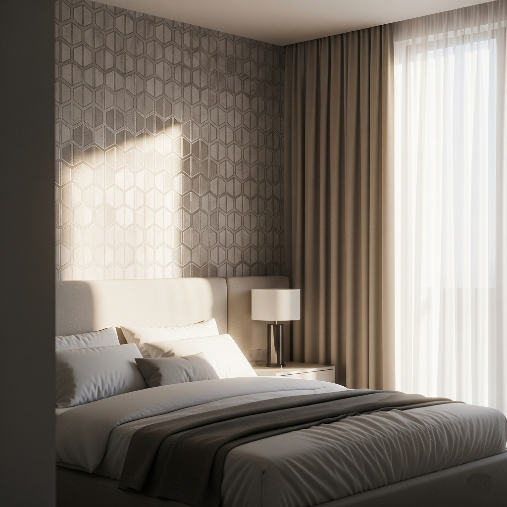 A modern bedroom with a sophisticated geometric temporary wallpaper accent wall behind the headboard, illuminated by soft, natural sunlight.
