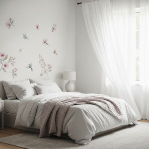 A serene and airy bedroom decorated with delicate, watercolor-style floral and bird removable wall decals scattered artistically on the wall behind the bed.