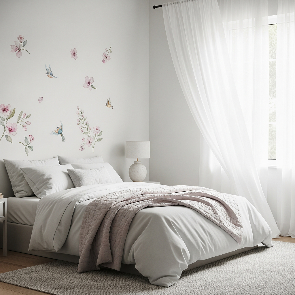 A serene and airy bedroom decorated with delicate, watercolor-style floral and bird removable wall decals scattered artistically on the wall behind the bed.

