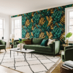 A stylish living room featuring a dramatic accent wall with bold, green and gold botanical peel-and-stick wallpaper behind a plush velvet sofa.