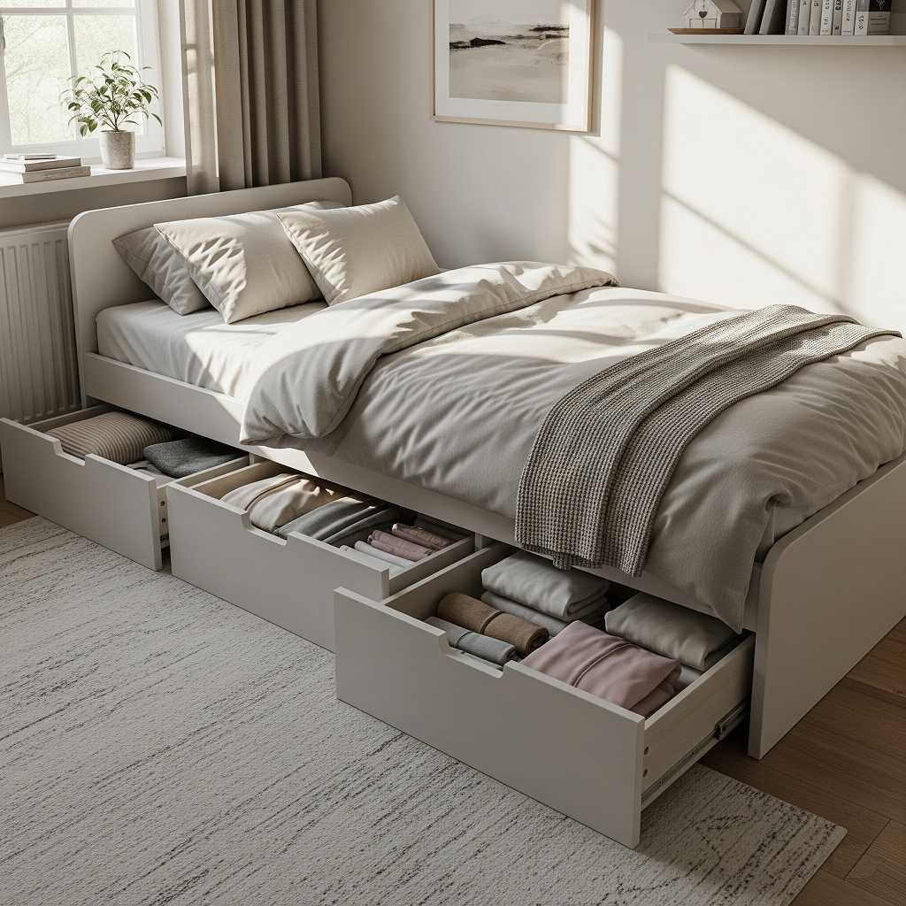A tidy small bedroom featuring a stylish bed with built-in drawers pulled out to show neatly organized clothing inside, an example of multi-functional furniture.