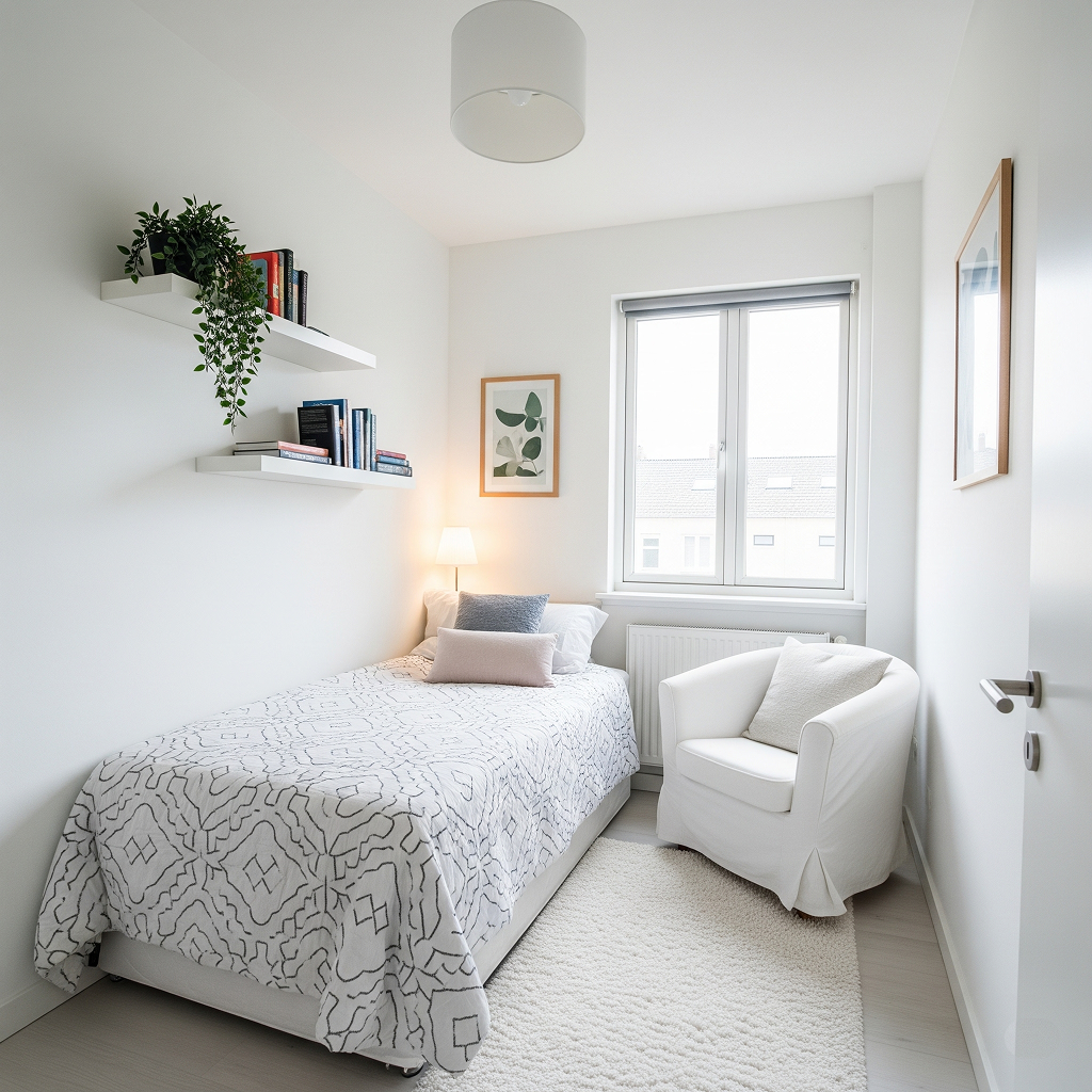 A bright small bedroom with white floating shelves mounted on the wall above the bed, demonstrating a smart space-saving idea for compact rooms.