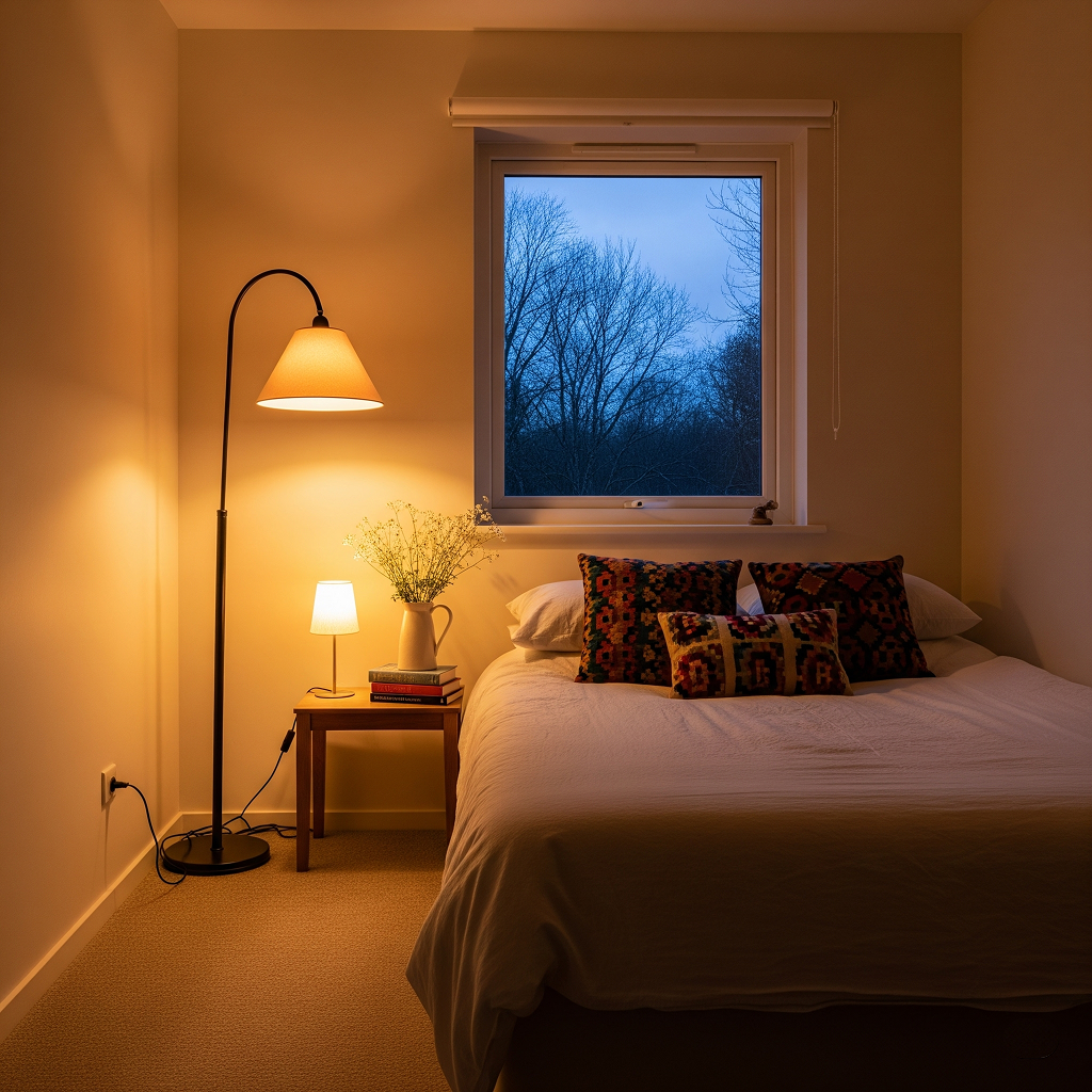 A cozy small bedroom at dusk with warm, layered lighting from a floor lamp and a bedside table lamp, creating an inviting and ambient atmosphere.
