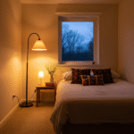 A cozy bedroom at dusk with warm lamp lighting, with a white checkmark in the corner indicating selection.
