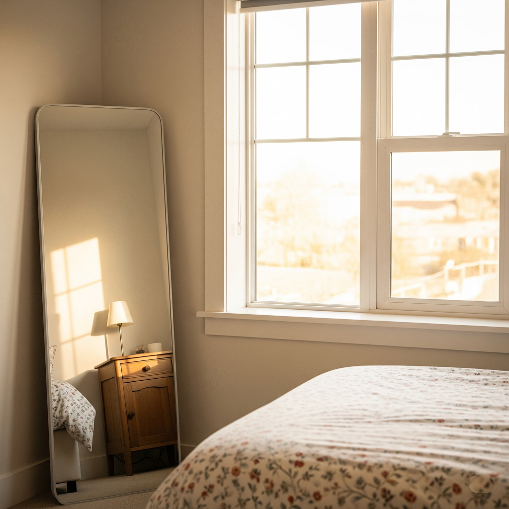 A large, full-length mirror leaning against the wall in a small bedroom, effectively reflecting natural light from a window to make the room feel larger and brighter.