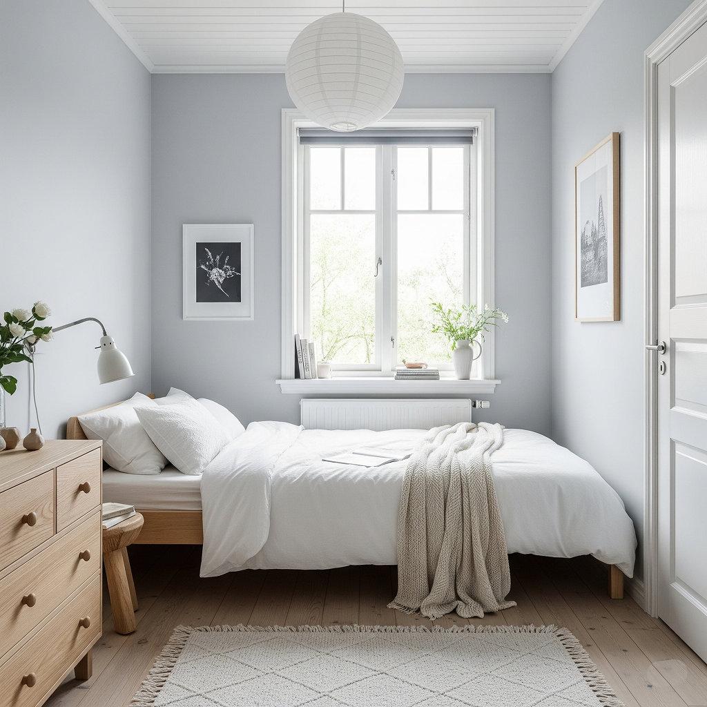A serene and airy small bedroom designed with a light color palette, featuring pale gray walls, white bedding, and light wood furniture to create a spacious feel.
