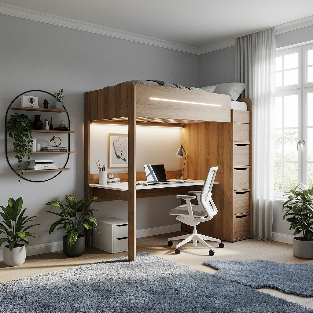  A modern wooden loft bed in a small bedroom, with a functional desk and office chair setup underneath to maximize floor space.

