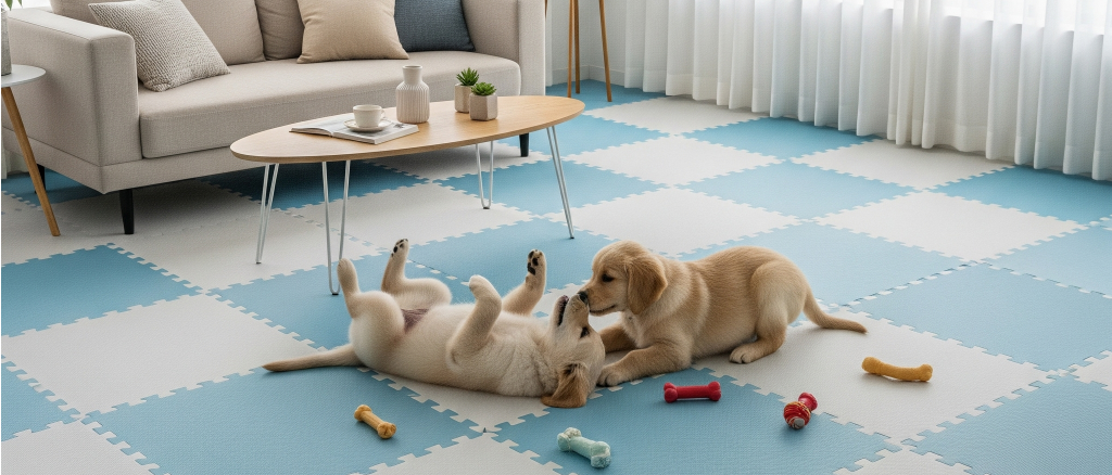 Two playful golden retriever puppies wrestling on a large blue and white checkered interlocking foam play mat in a brightly lit, modern living room.