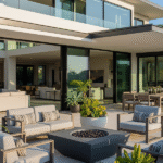 The exterior of a large contemporary home with a spacious patio and outdoor living area. A neutral color palette on the furniture and home complements the large glass walls and central fire pit.